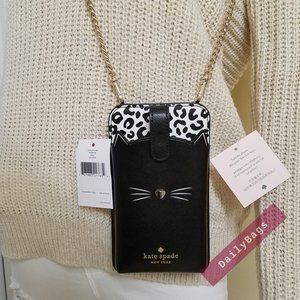 NWT KATE SPADE 100% AUTHENTIC NORTH PHONE CROSSBODY CAT MEOW BLACK WHITE